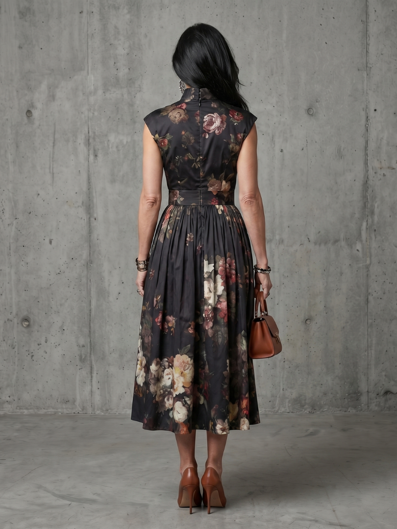 Greta | Women's High Neck Keyhole Pleated Midi Dress