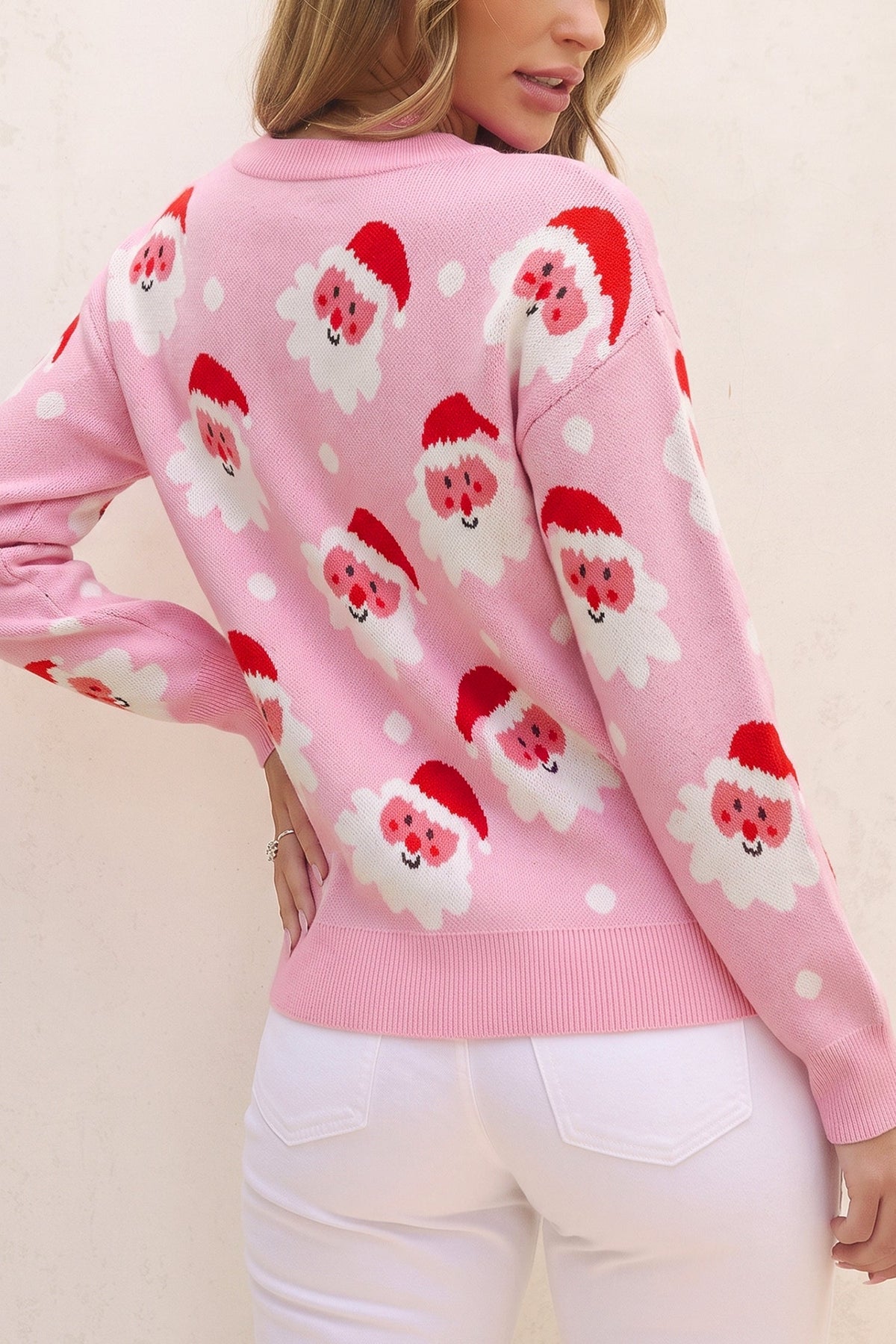 Noelle | Women's Santa Print Round Neck Dropped-Shoulder Sweater