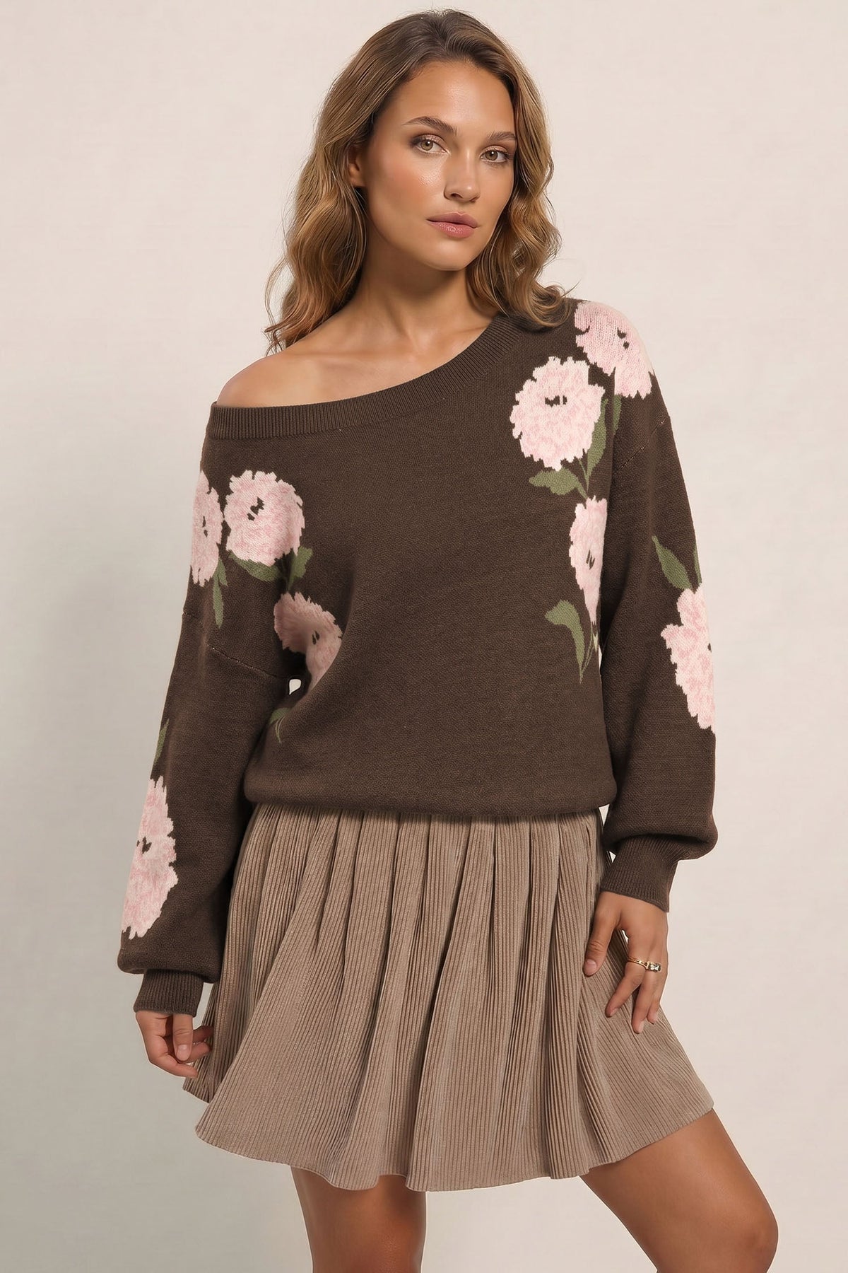 Marielle | Women's Floral Off-Shoulder Relaxed Pullover Sweater