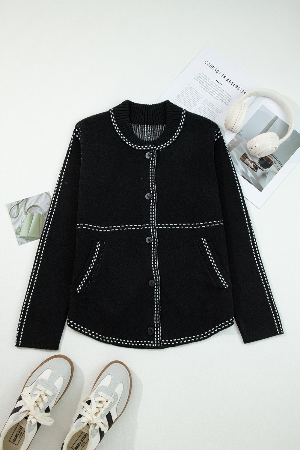 Marielle | Women's Contrast Trim Button-Up Cardigan Sweater