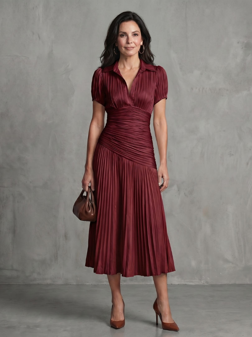 Theodora | Women's Pleated Waistline Striped Midi Dress