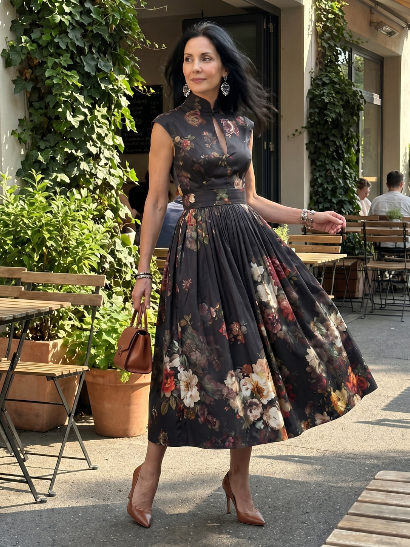 Greta | Women's High Neck Keyhole Pleated Midi Dress