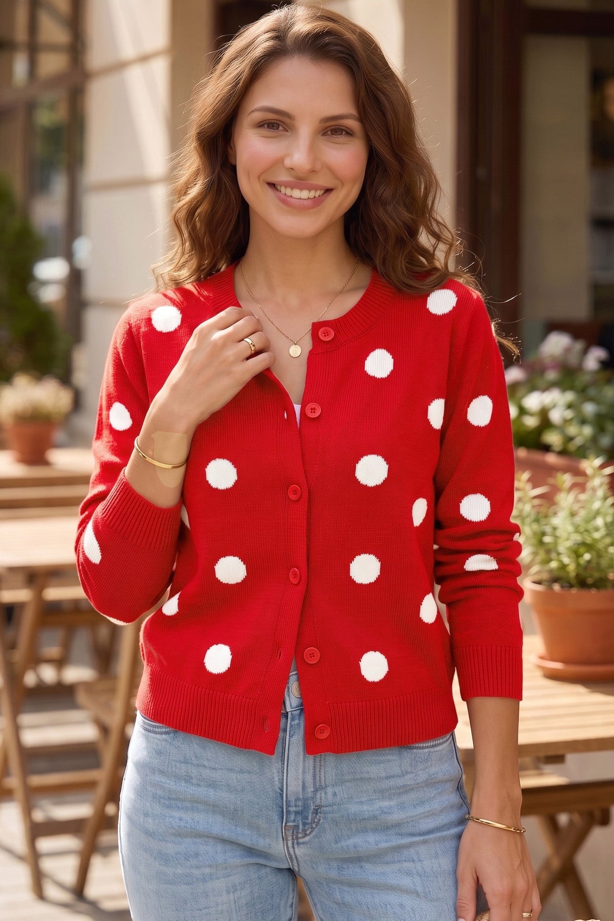 Marigold | Women's Polka Dot Button-Front Long Sleeve Cardigan