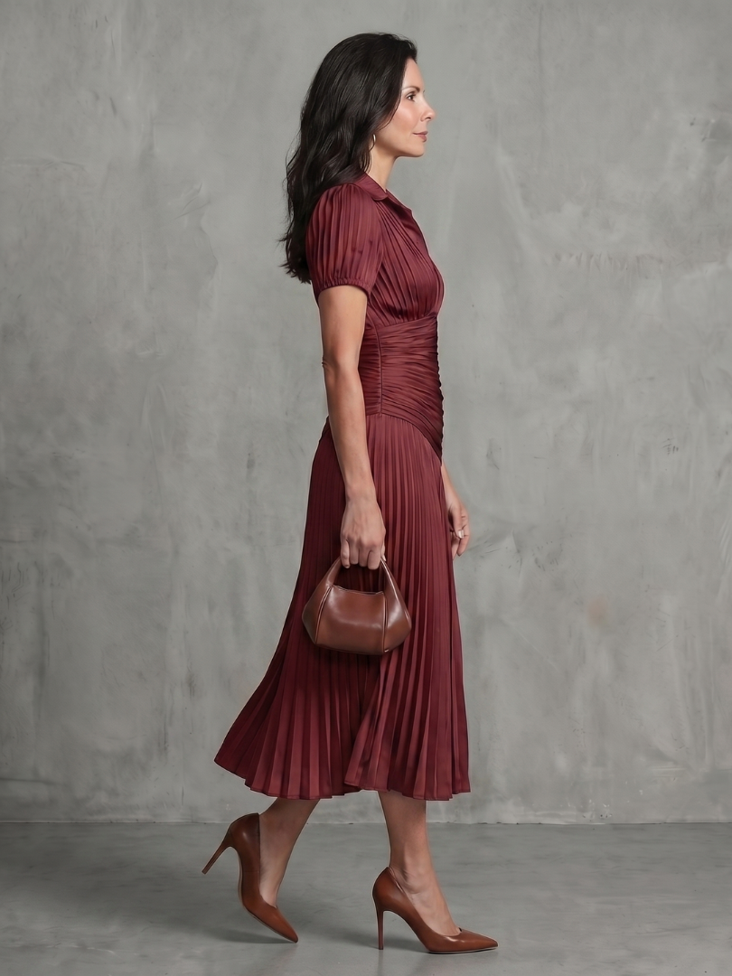 Theodora | Women's Pleated Waistline Striped Midi Dress