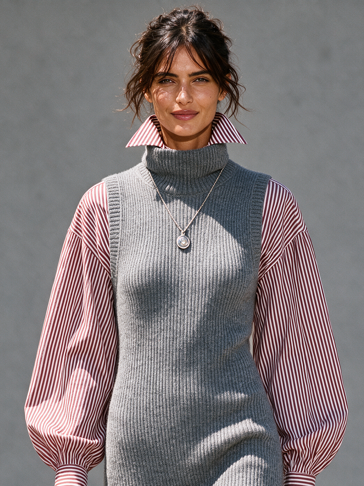 Marielle | Women's Retro Mock-Neck Sweater Dress & Striped Shirt Set