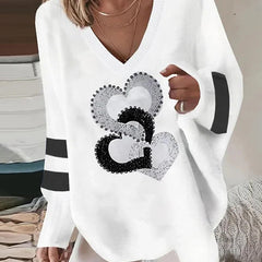 Lolita | Women's Oversized V-Neck Sweater Sequin Heart Print Top