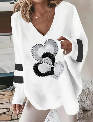 Lolita | Women's Oversized V-Neck Sweater Sequin Heart Print Top