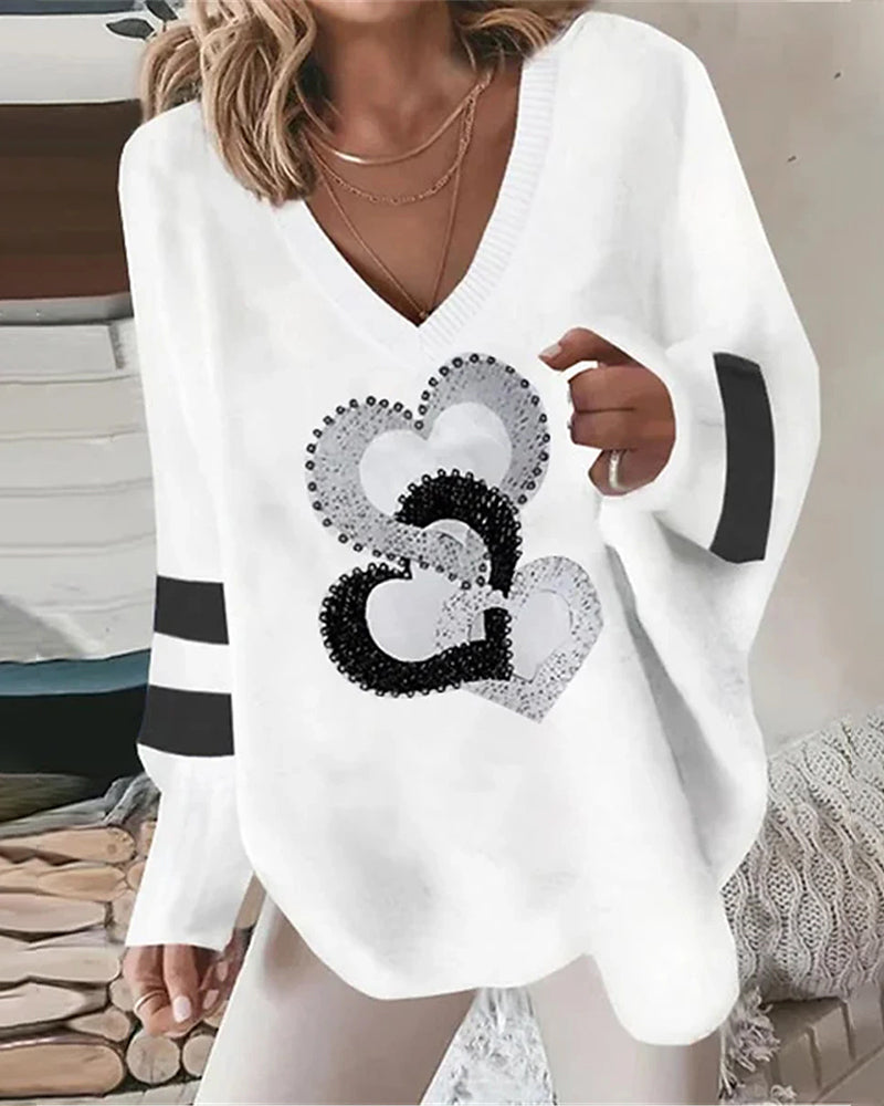 Lolita | Women's Oversized V-Neck Sweater Sequin Heart Print Top