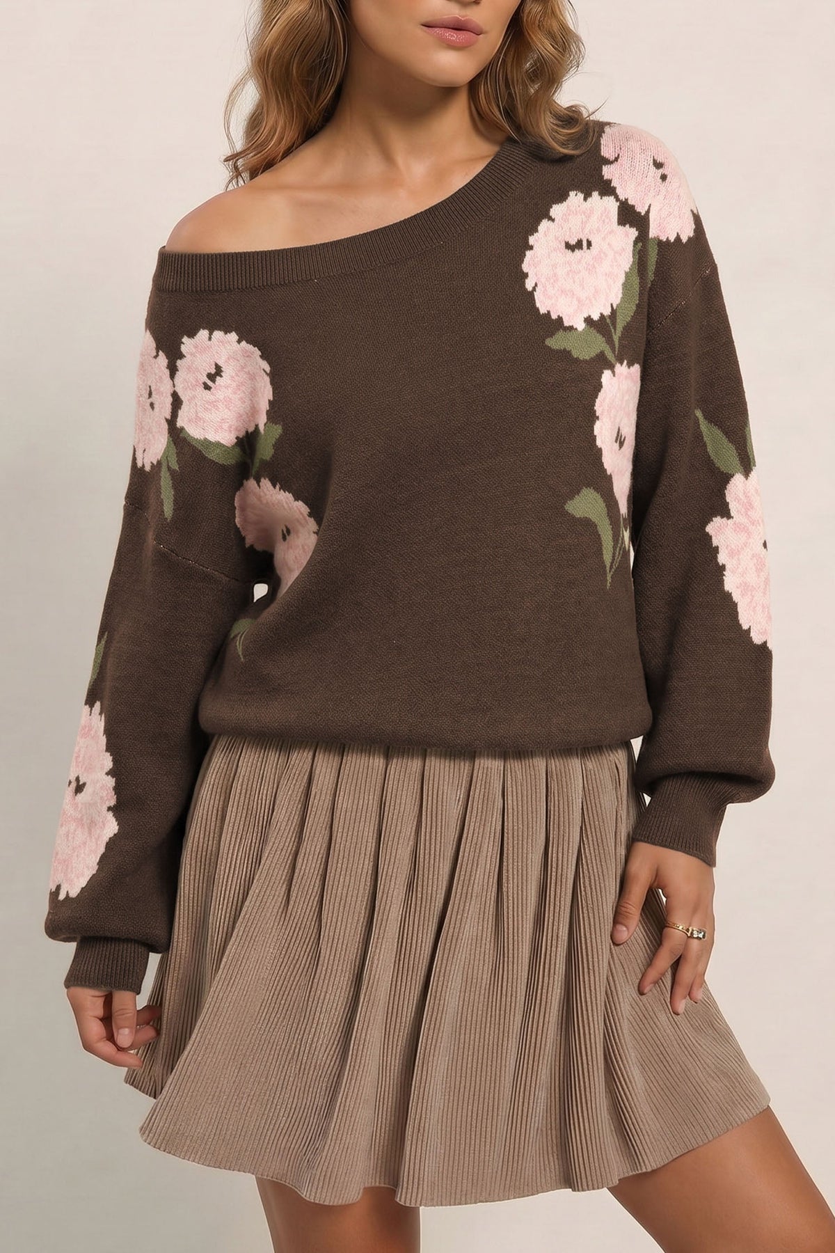 Marielle | Women's Floral Off-Shoulder Relaxed Pullover Sweater