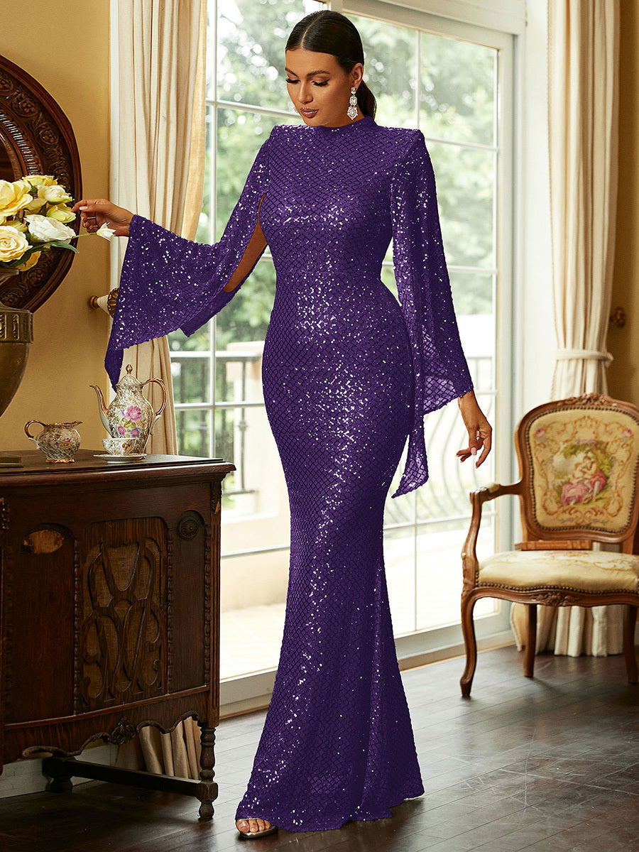 Seraphina | Women's High Neck Sequin Bell Sleeve Mermaid Maxi Dress
