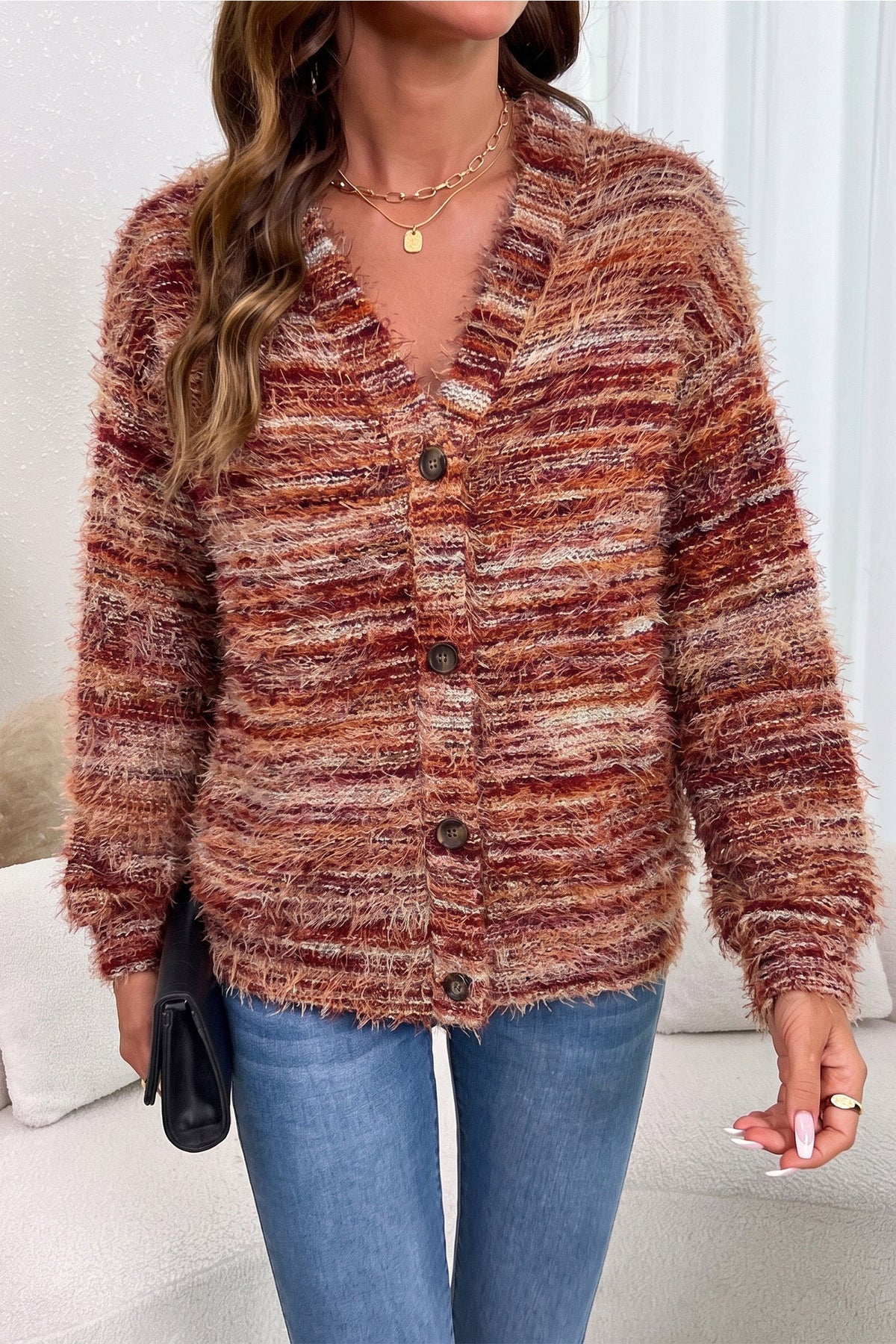 Autumn | Women's Fuzzy Striped Button-Front Cardigan Sweater