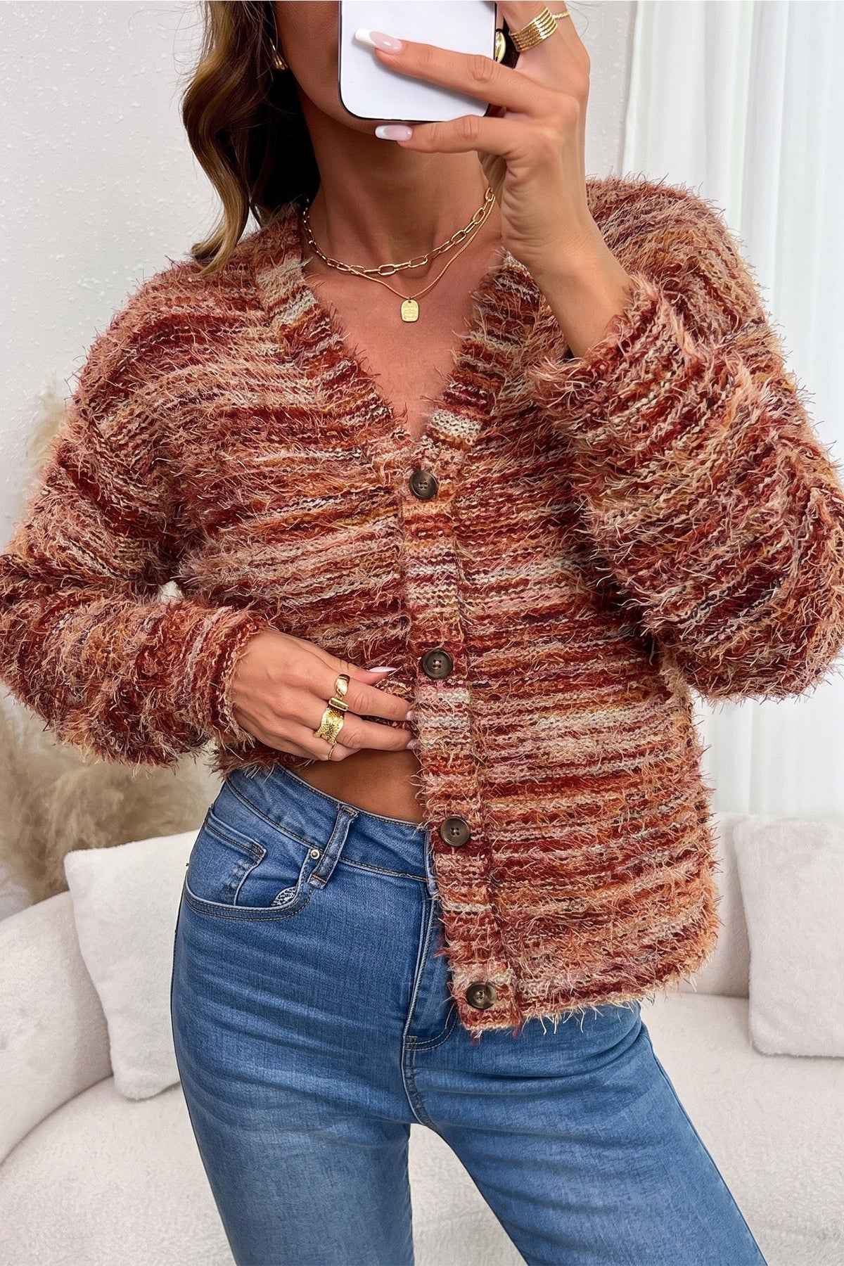 Autumn | Women's Fuzzy Striped Button-Front Cardigan Sweater