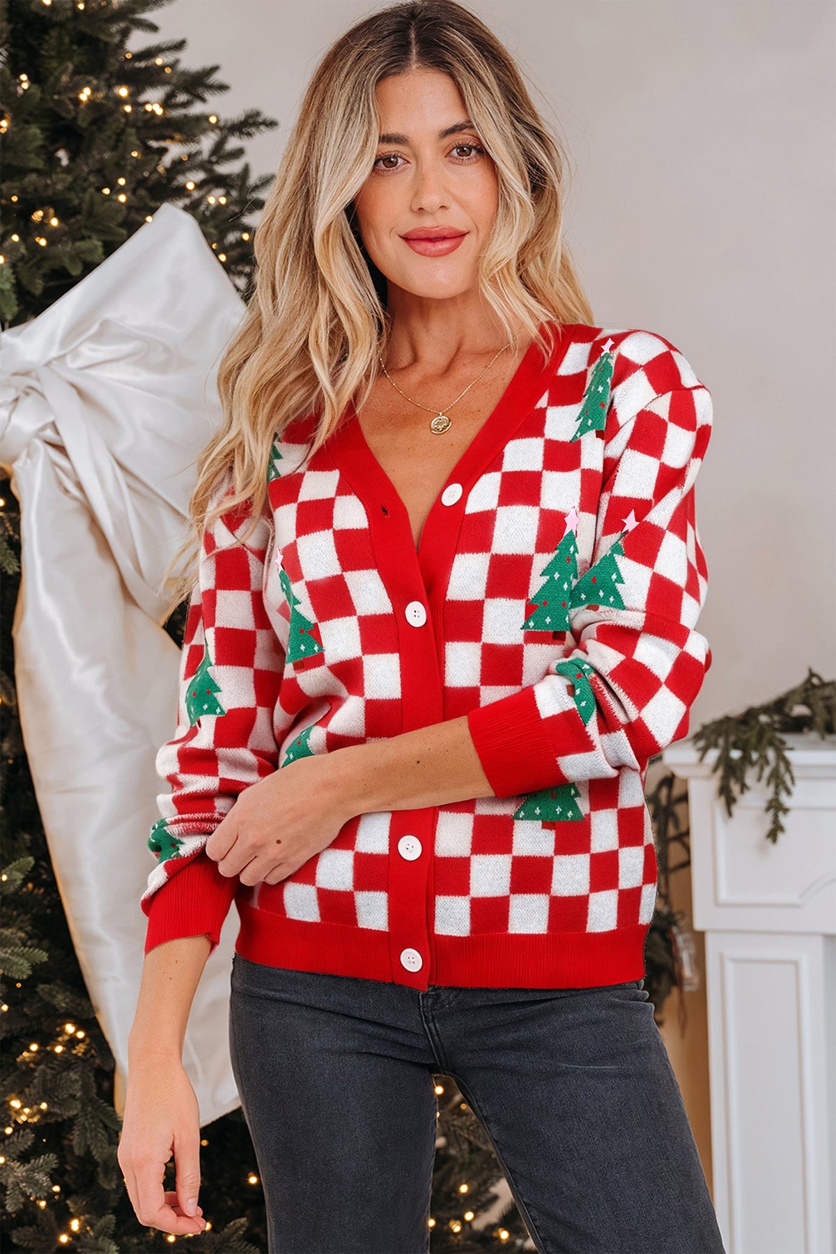 Noelle | Women's Checkered Christmas Tree Button V-Neck Cardigan