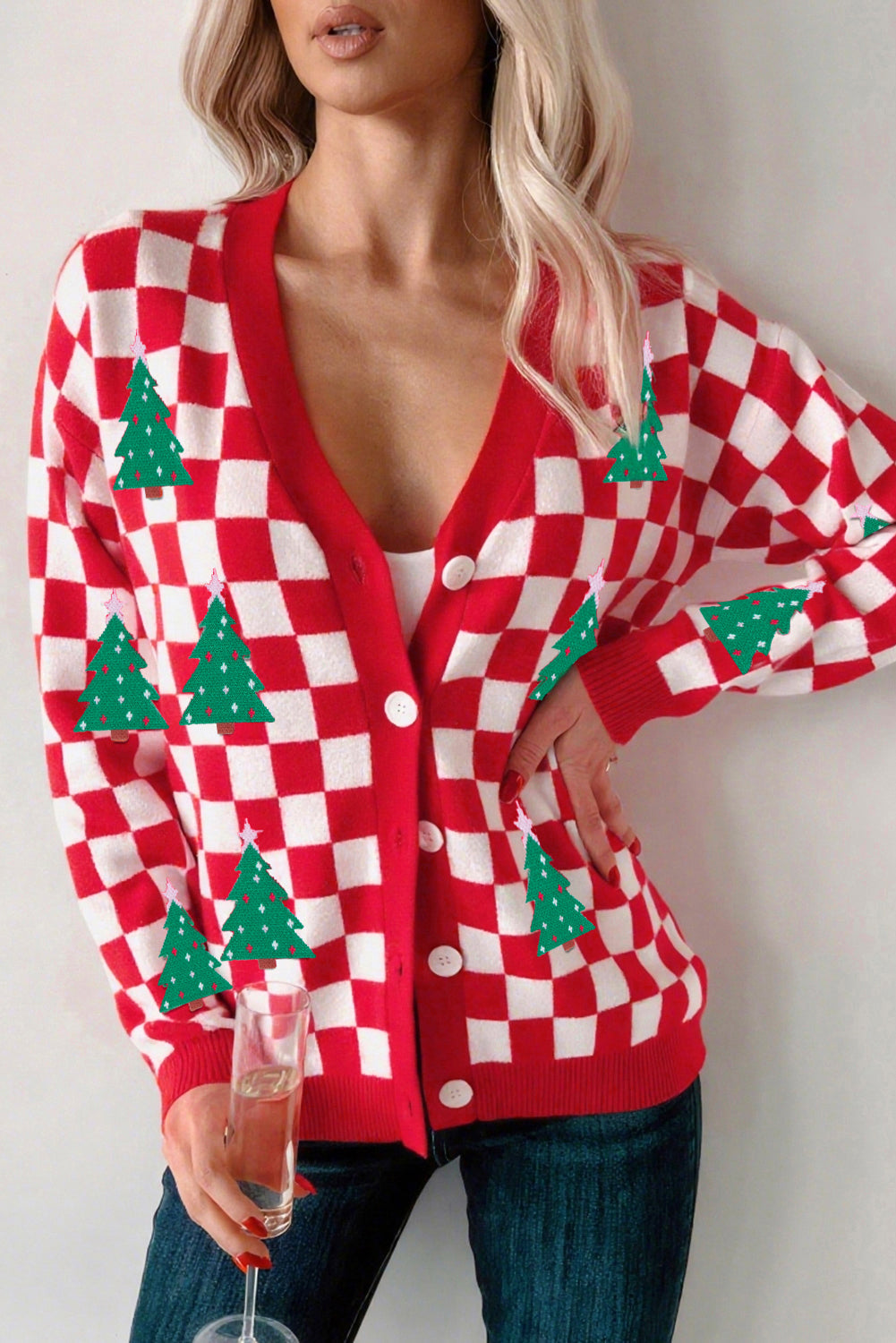 Noelle | Women's Checkered Christmas Tree Button V-Neck Cardigan