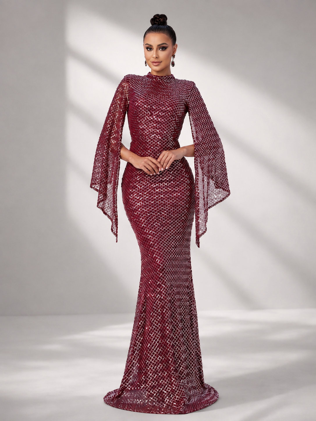 Seraphina | Women's High Neck Sequin Bell Sleeve Mermaid Maxi Dress