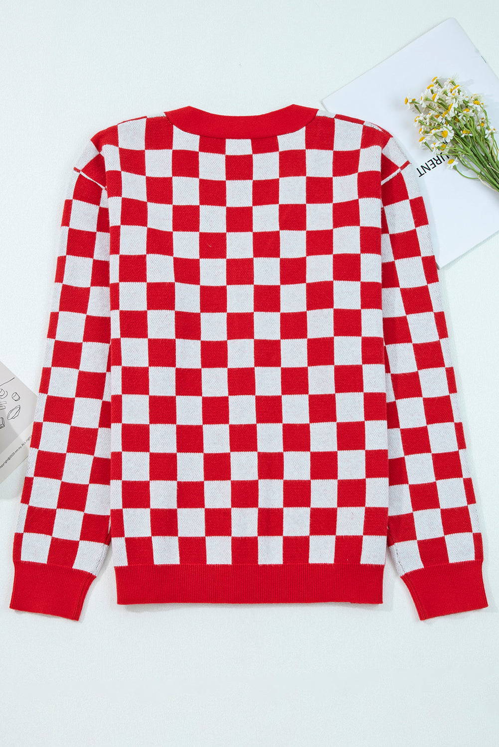Noelle | Women's Checkered Christmas Tree Button V-Neck Cardigan