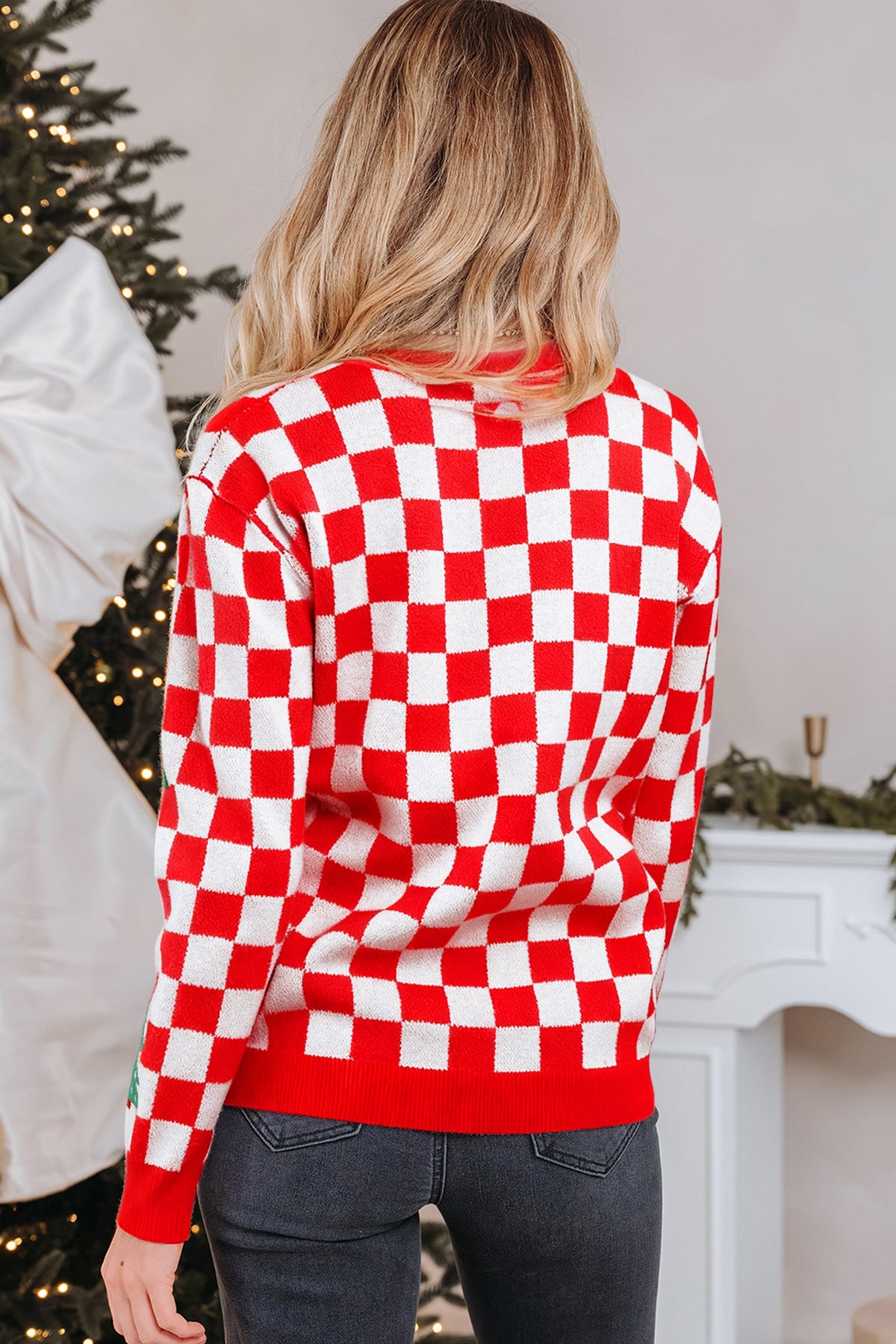 Noelle | Women's Checkered Christmas Tree Button V-Neck Cardigan