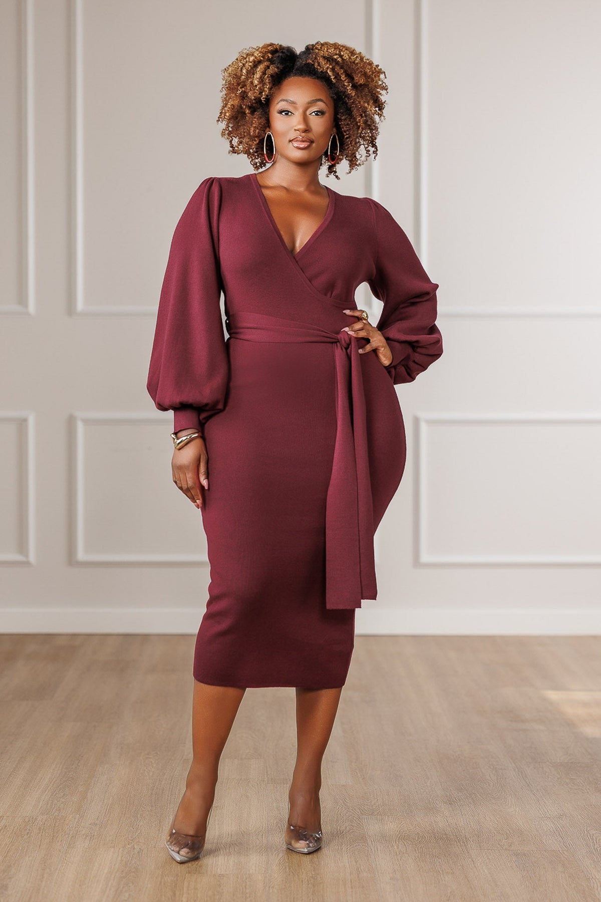 Adeline | Women's Surplice Sweater Knit Dress in Burgundy