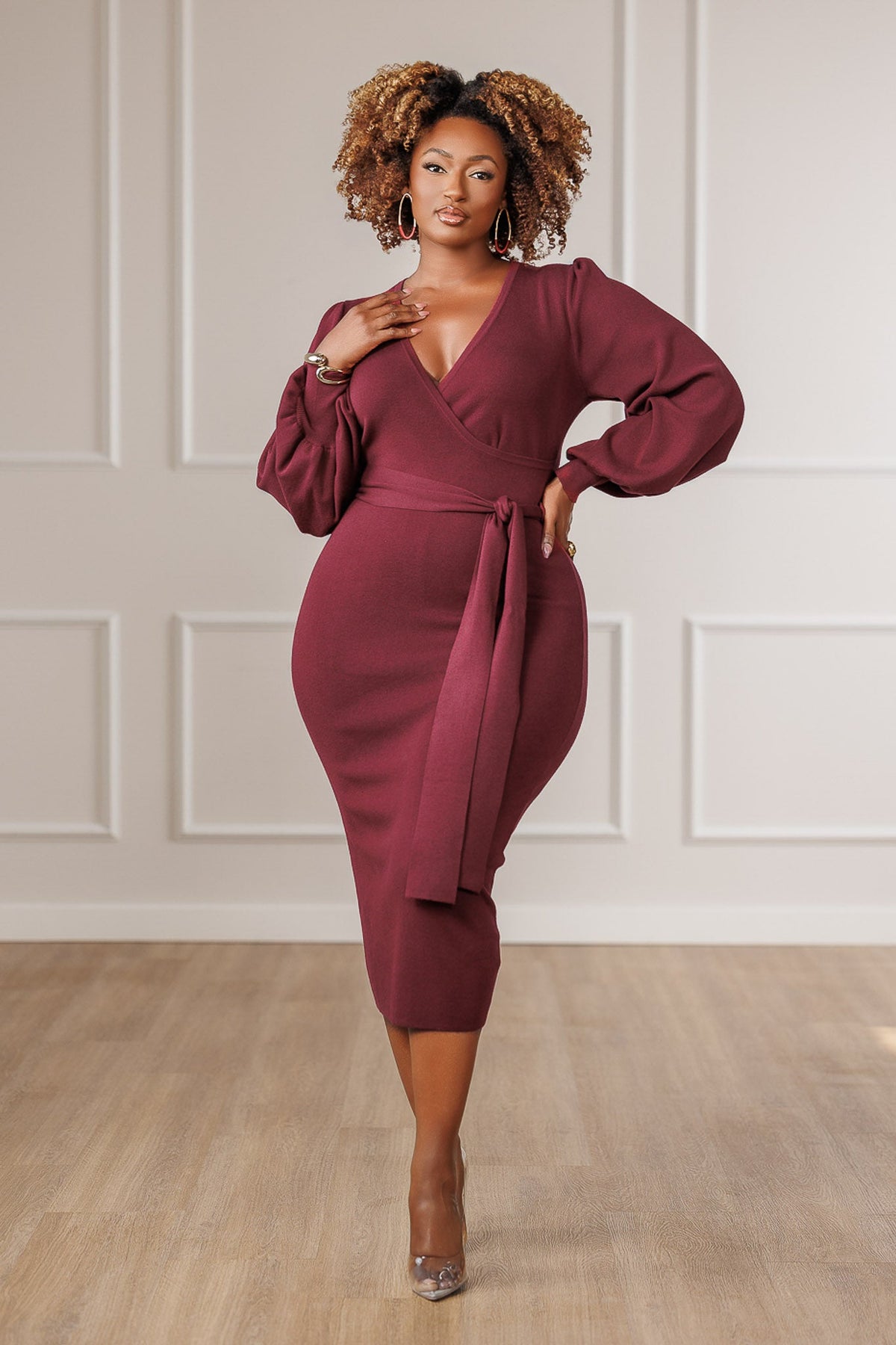 Adeline | Women's Surplice Sweater Knit Dress in Burgundy