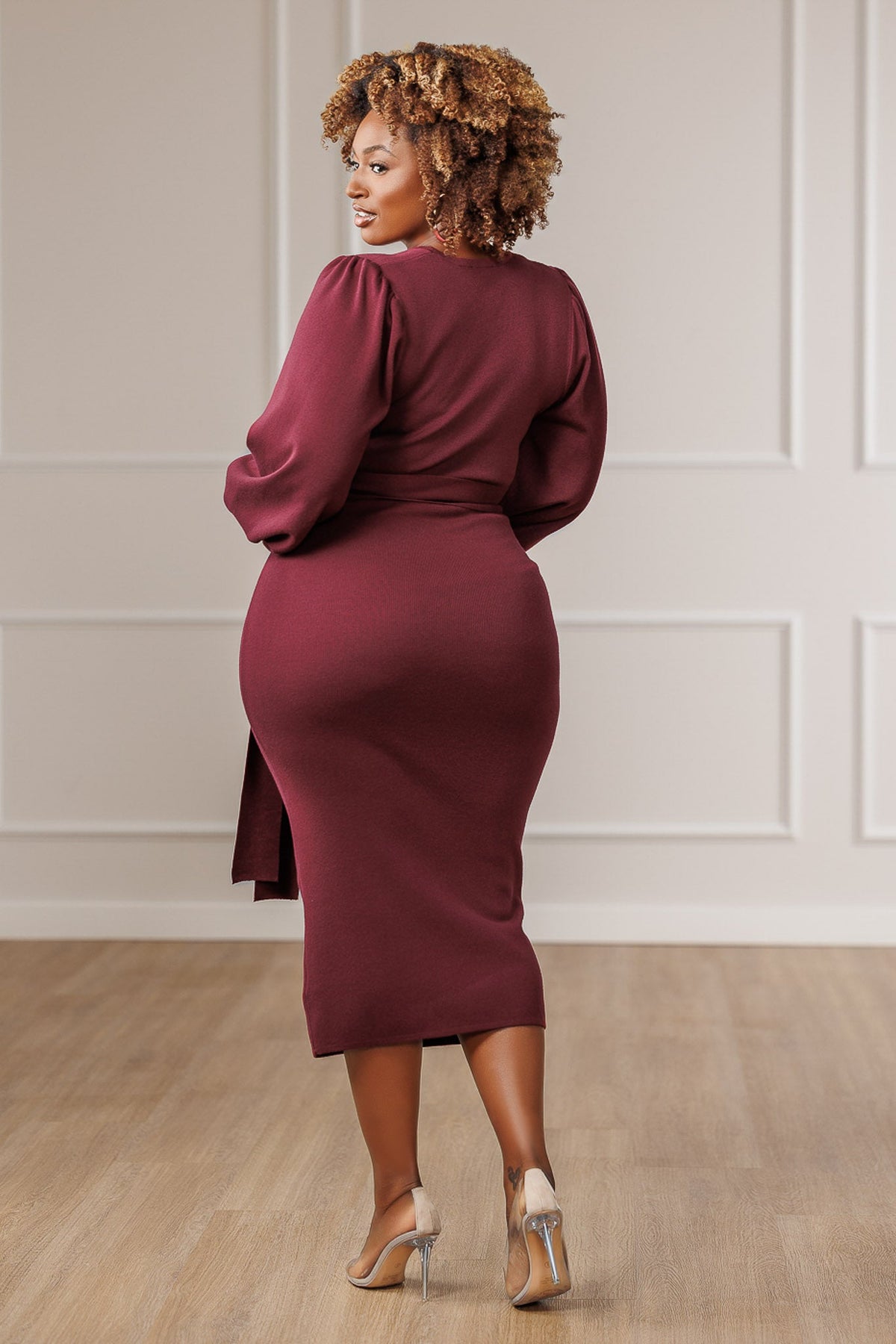 Adeline | Women's Surplice Sweater Knit Dress in Burgundy