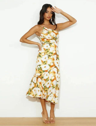 Kathy | Women’s Maxi Dress with Asymmetrical Cut and Floral Pattern