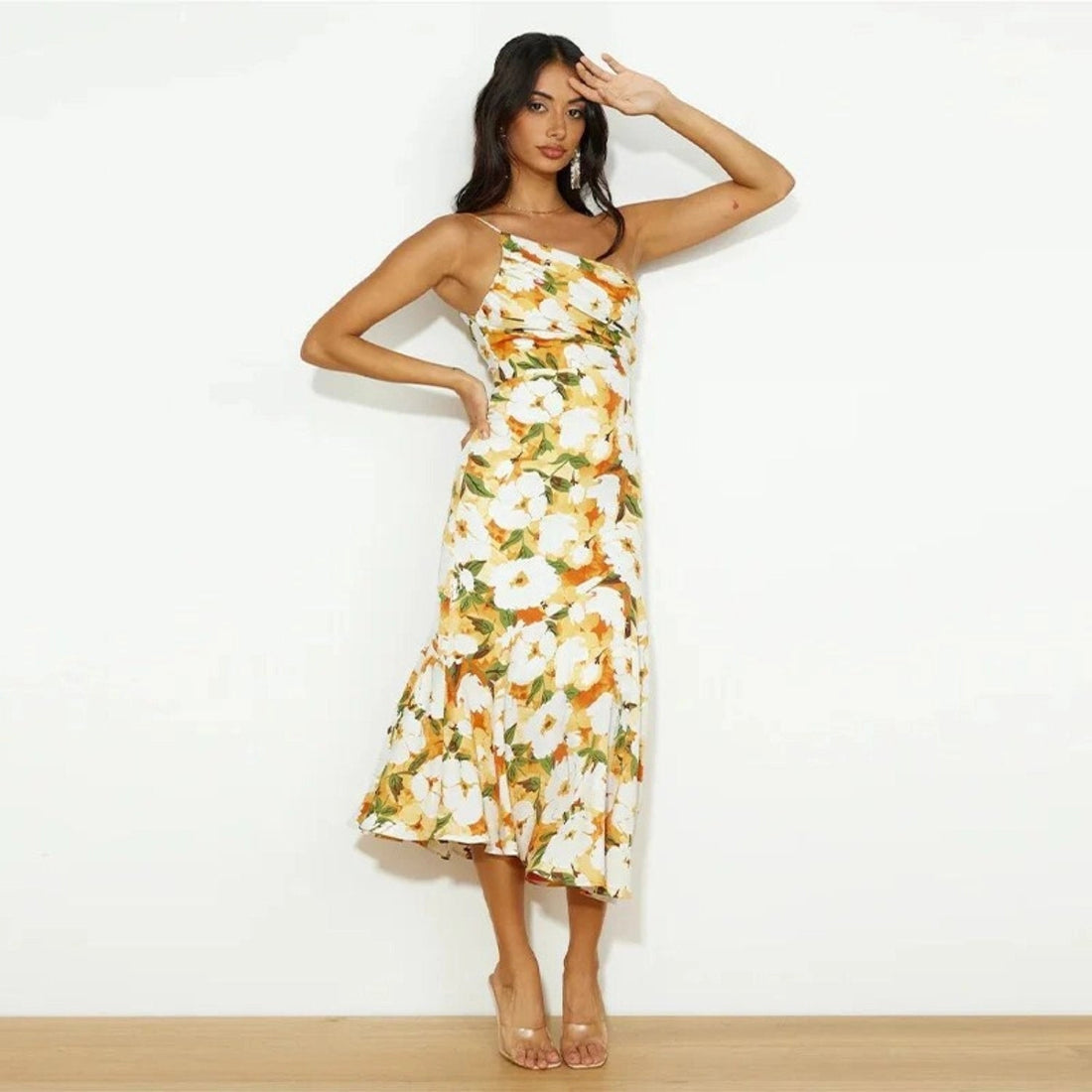 Kathy | Women’s Maxi Dress with Asymmetrical Cut and Floral Pattern