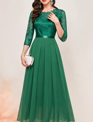 Gail | Lace Pleated Quarter Sleeve Formal Evening Dress