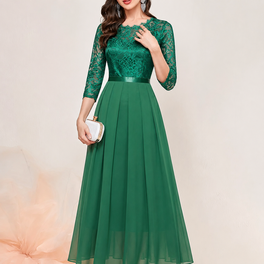 Gail | Lace Pleated Quarter Sleeve Formal Evening Dress
