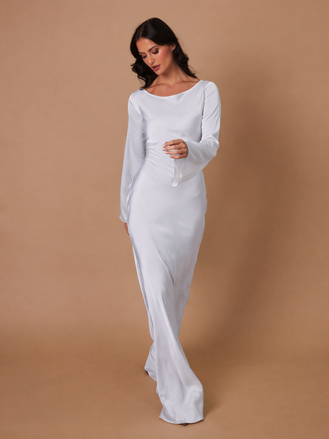 Serena | Women's Satin Long Sleeve Maxi Dress Formal Gown
