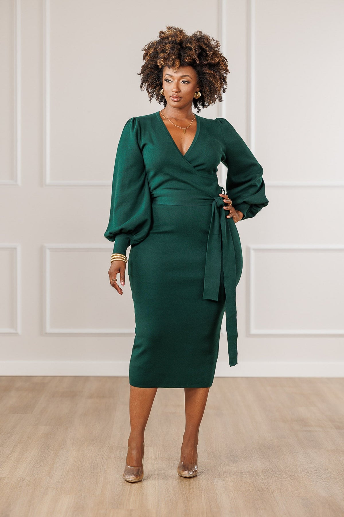 Elara | Women's Surplice Wrap Sweater Knit Dress in Emerald