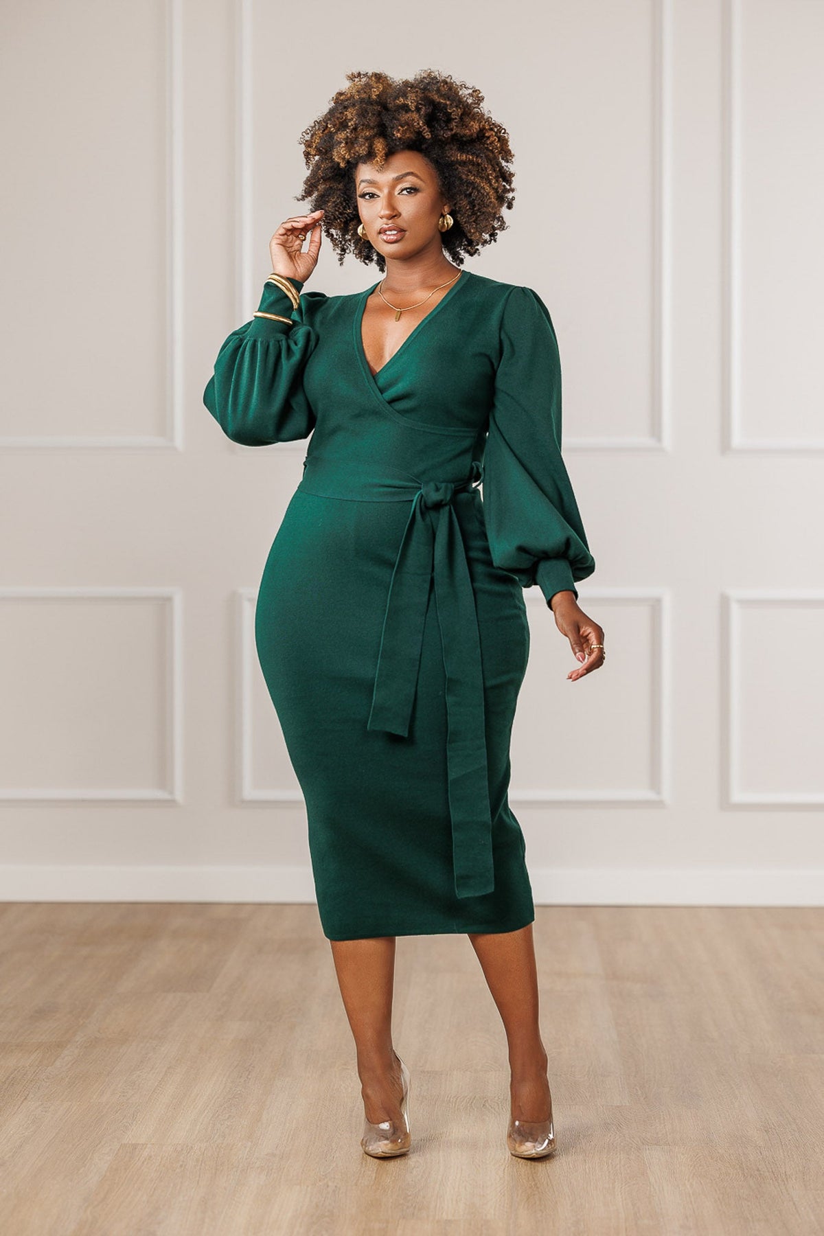 Elara | Women's Surplice Wrap Sweater Knit Dress in Emerald