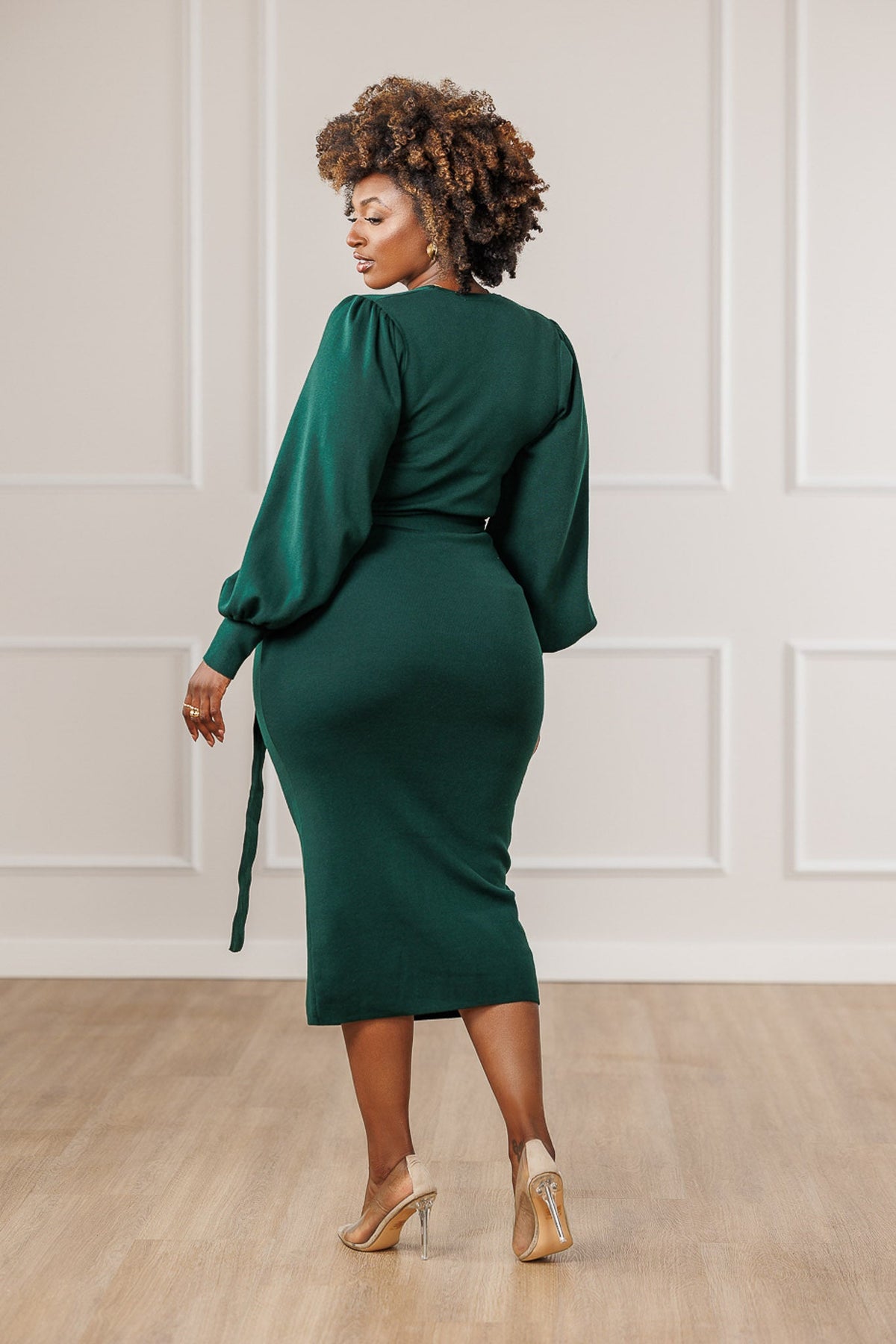 Elara | Women's Surplice Wrap Sweater Knit Dress in Emerald