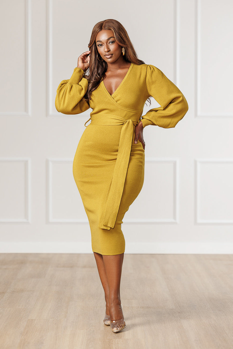 Citrine | Women's Surplice Sweater Knit Mini Dress