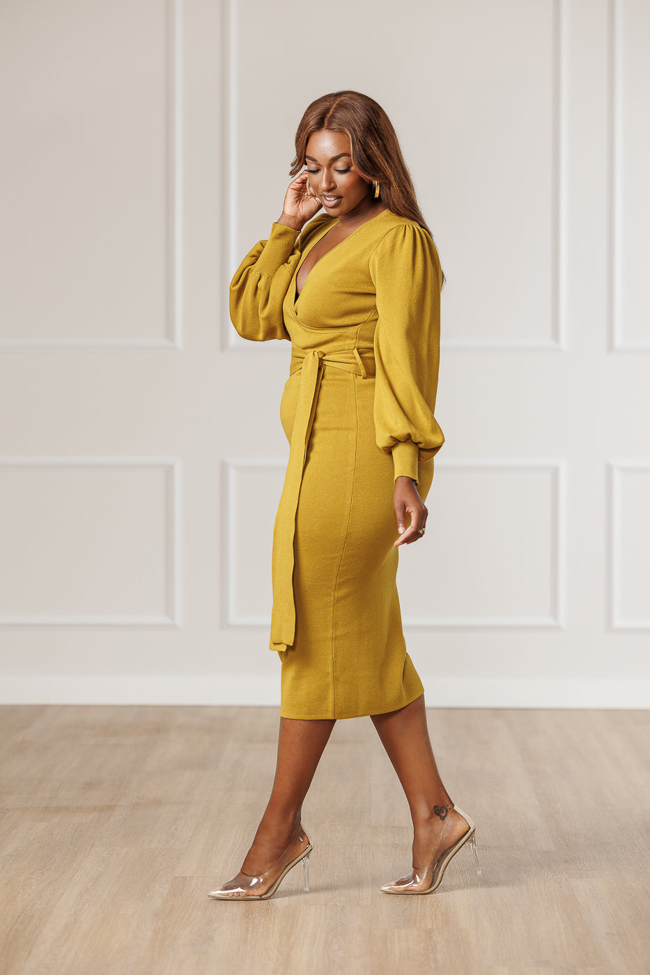 Citrine | Women's Surplice Sweater Knit Mini Dress