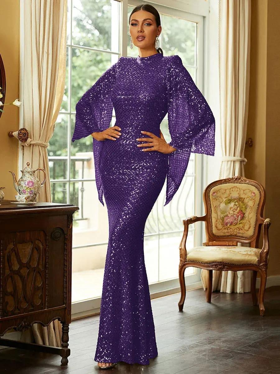 Seraphina | Women's High Neck Sequin Bell Sleeve Mermaid Maxi Dress