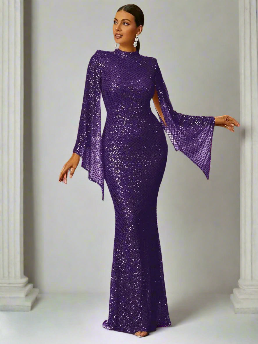 Seraphina | Women's High Neck Sequin Bell Sleeve Mermaid Maxi Dress