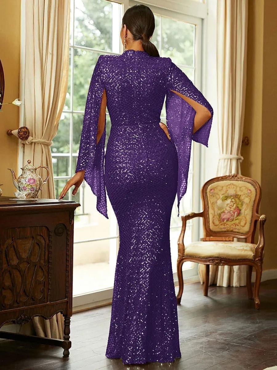 Seraphina | Women's High Neck Sequin Bell Sleeve Mermaid Maxi Dress