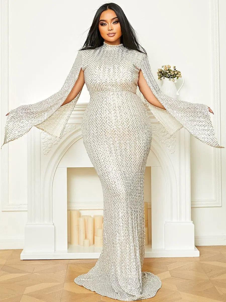Seraphina | Women's High Neck Sequin Bell Sleeve Mermaid Maxi Dress