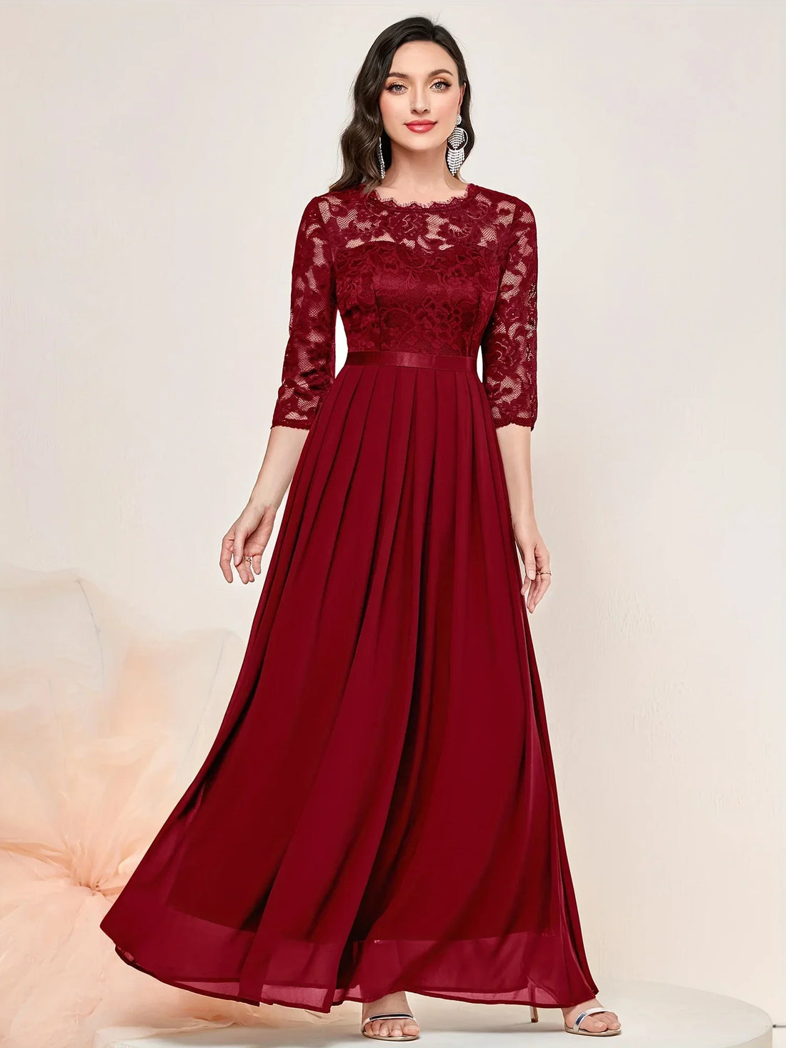 Gail | Lace Pleated Quarter Sleeve Formal Evening Dress