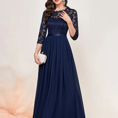 Gail | Lace Pleated Quarter Sleeve Formal Evening Dress
