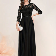 Gail | Lace Pleated Quarter Sleeve Formal Evening Dress