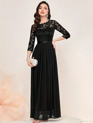 Gail | Lace Pleated Quarter Sleeve Formal Evening Dress