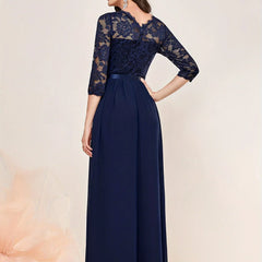 Gail | Lace Pleated Quarter Sleeve Formal Evening Dress