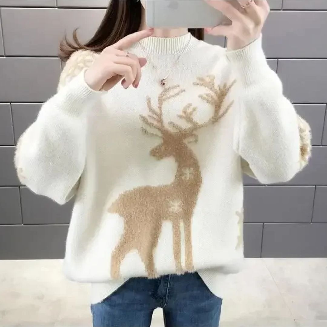 Carla | Women's Reindeer Print Winter Knit Sweater