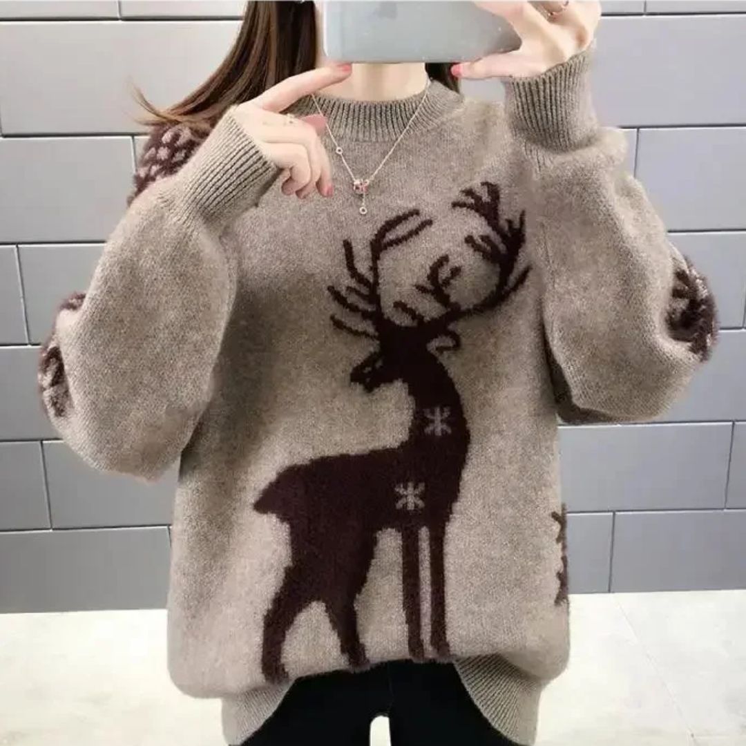 Carla | Women's Reindeer Print Winter Knit Sweater