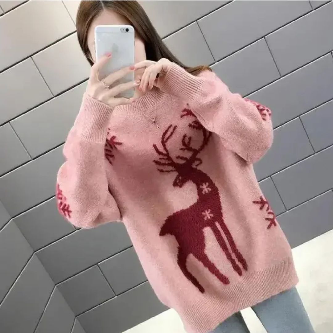Carla | Women's Reindeer Print Winter Knit Sweater