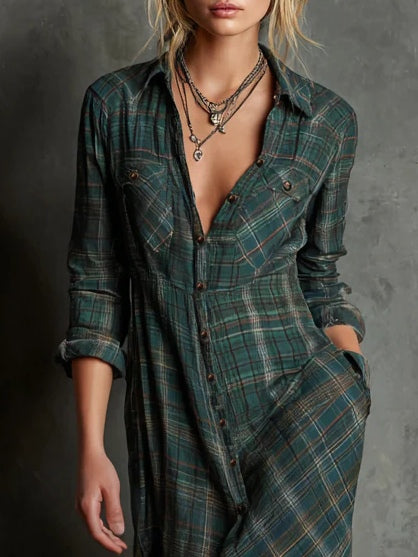 Marielle | Women's Plaid Lapel Single-Breasted Maxi Shirt Dress
