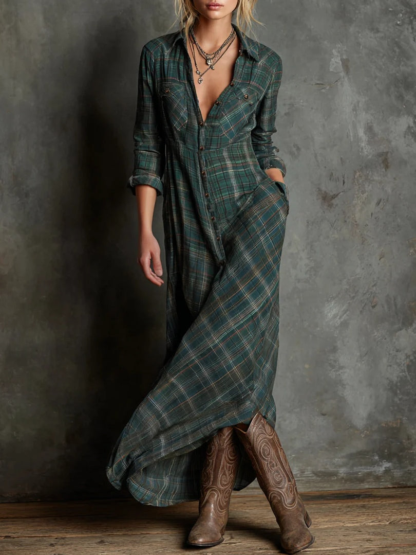Marielle | Women's Plaid Lapel Single-Breasted Maxi Shirt Dress