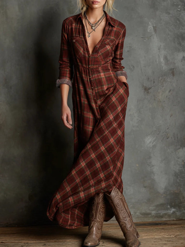 Marielle | Women's Plaid Lapel Single-Breasted Maxi Shirt Dress