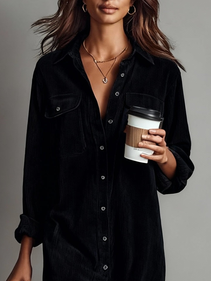 Marielle | Women's Loose-Fit Corduroy Midi Dress with Chest Pockets